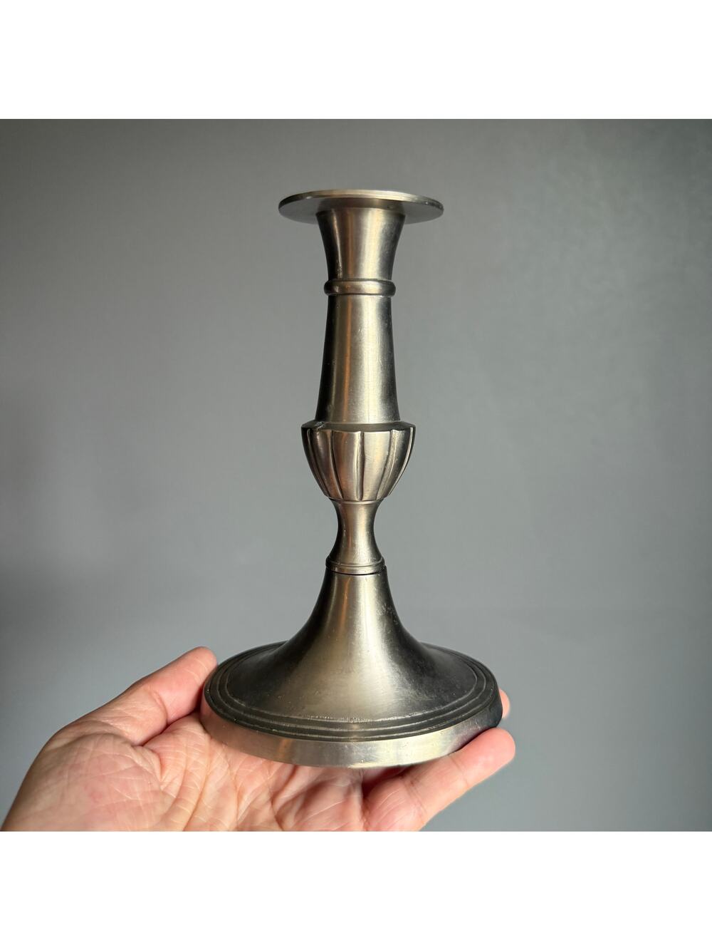 Vintage Silver Tone Taper Candle Holder Pewter Finish Ribbed Column